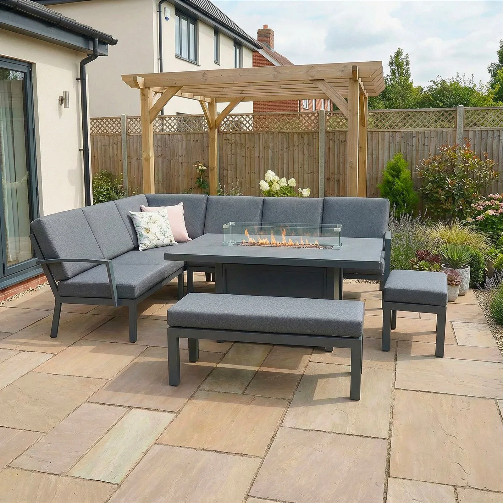 Bracken Outdoors Bracken Outdoors Miami Dark Aluminium Rectangular Corner Set with Firepit Table, Bench and Stool — view 2 of 10