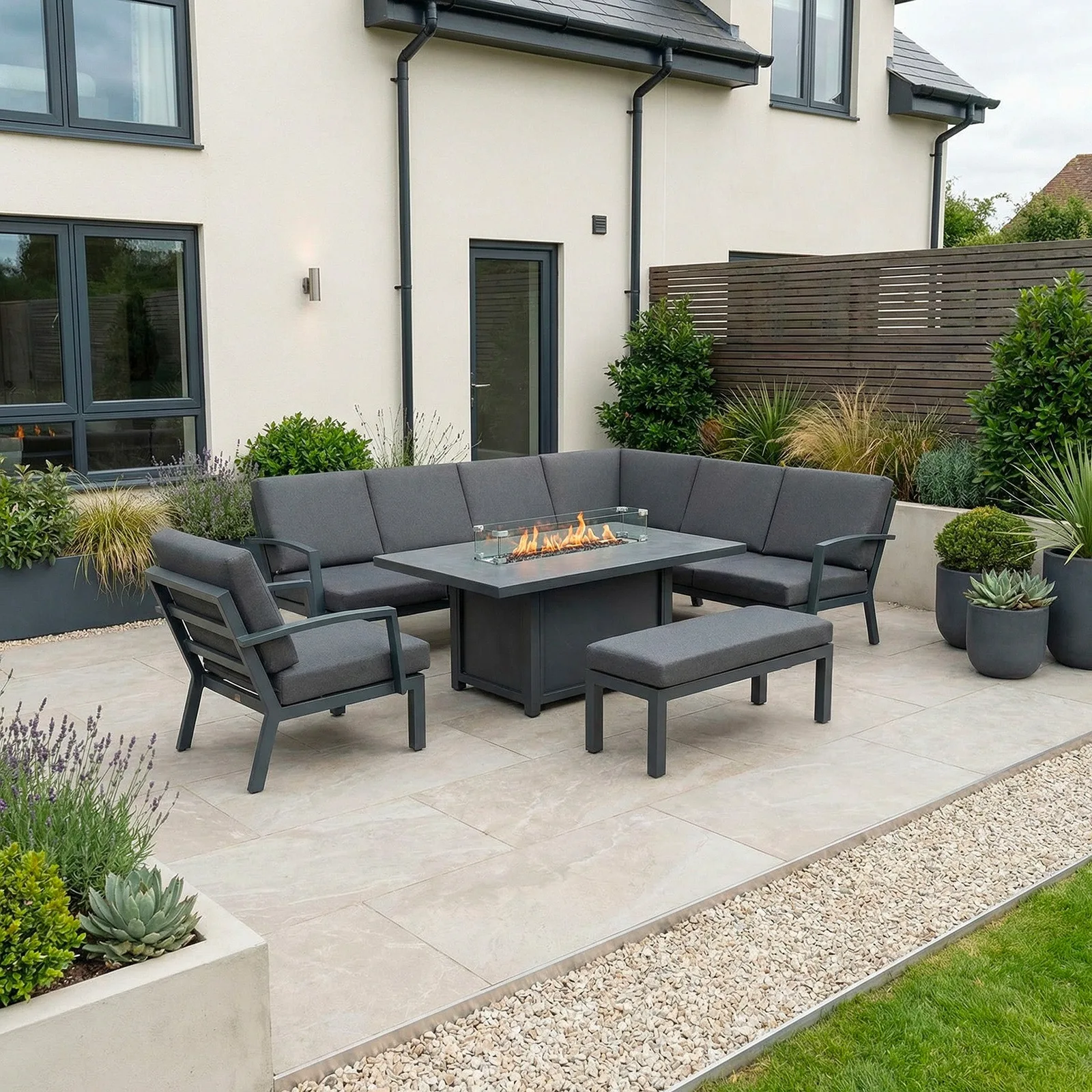 Bracken Outdoors Bracken Outdoors Miami Dark Aluminium Rectangular Corner Set with Firepit Table, Bench and Arm Chair