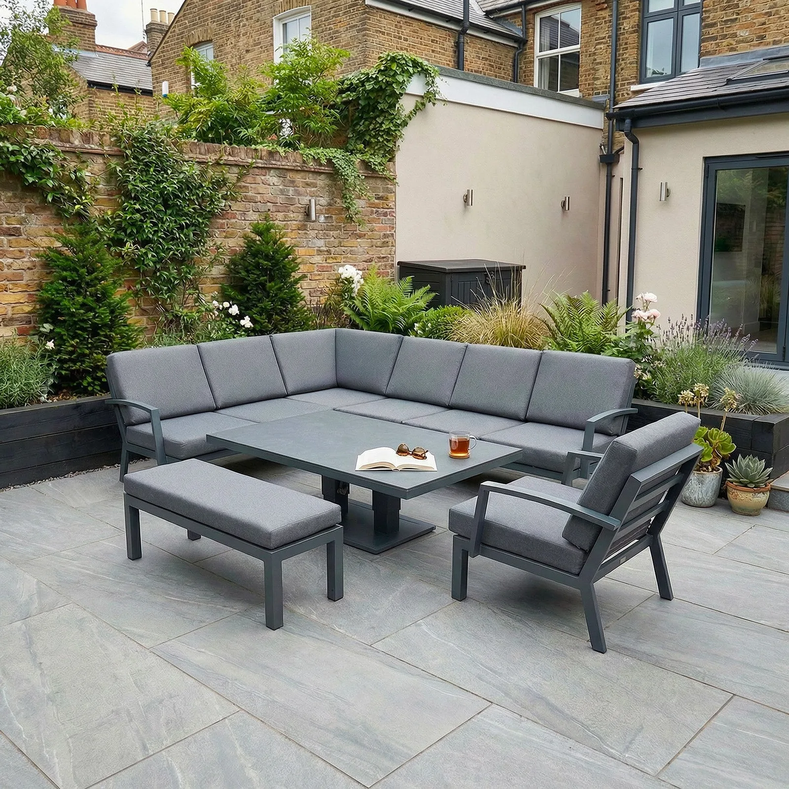 Bracken Outdoors Bracken Outdoors Miami Dark Aluminium Rectangular Corner Set with Adjustable Table Bench and Armchair