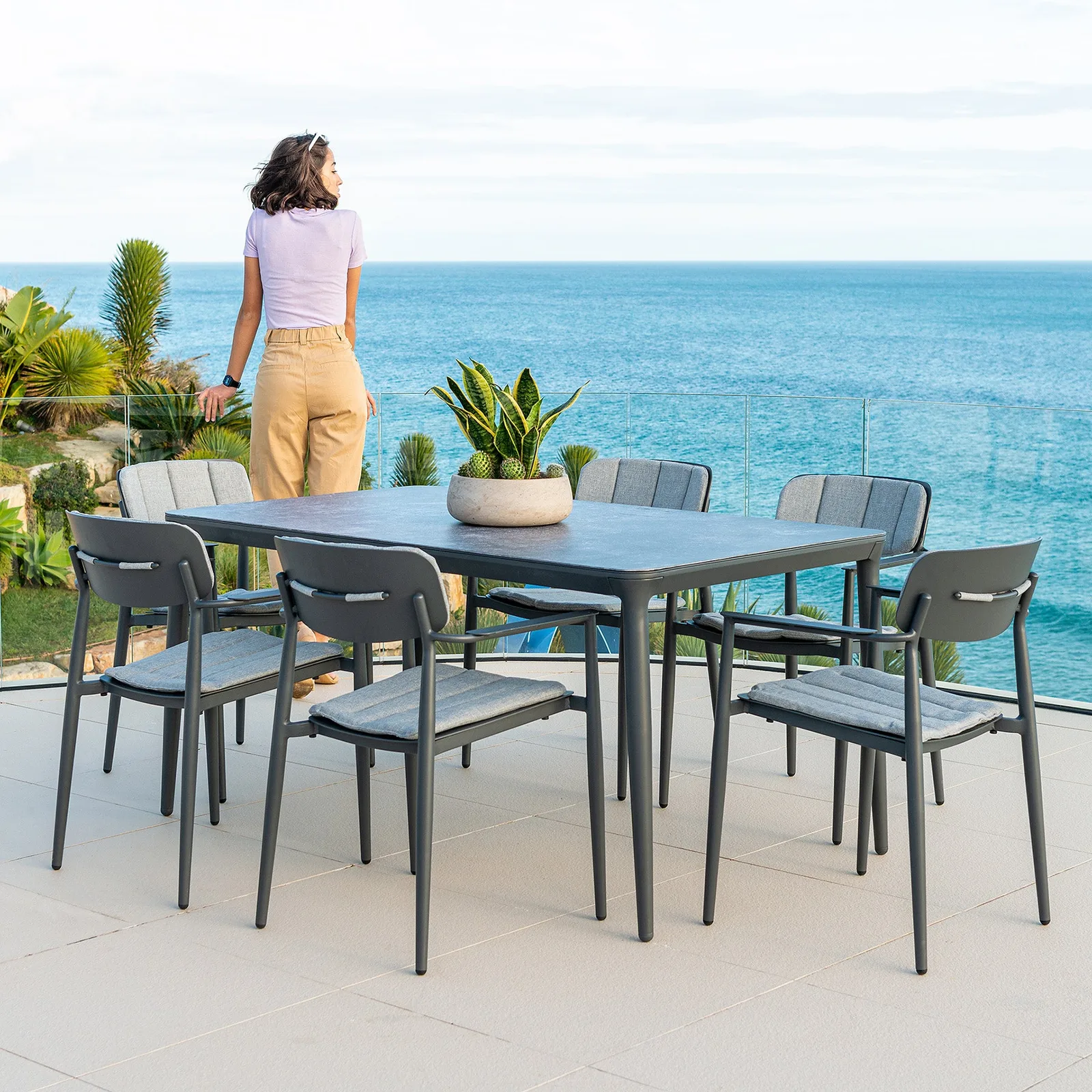 Alexander Rose Alexander Rose Outdoor Rimini Rectangular Ceramic Glass Top Table — view 2 of 3