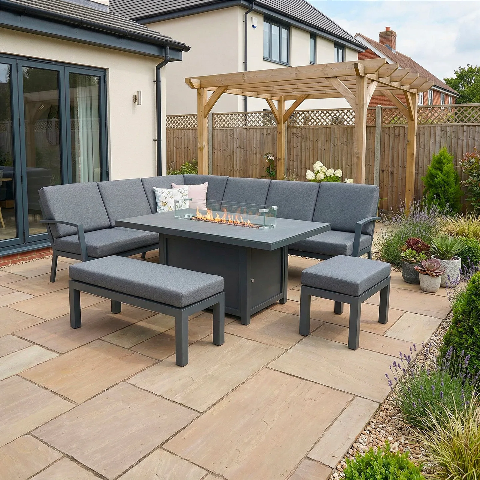 Bracken Outdoors Bracken Outdoors Miami Dark Aluminium Rectangular Corner Set with Firepit Table, Bench and Stool