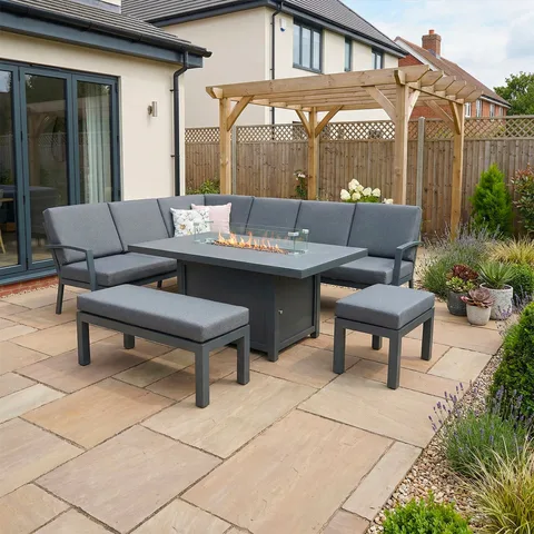 Bracken Outdoors Bracken Outdoors Miami Dark Aluminium Rectangular Corner Set with Firepit Table, Bench and Stool
