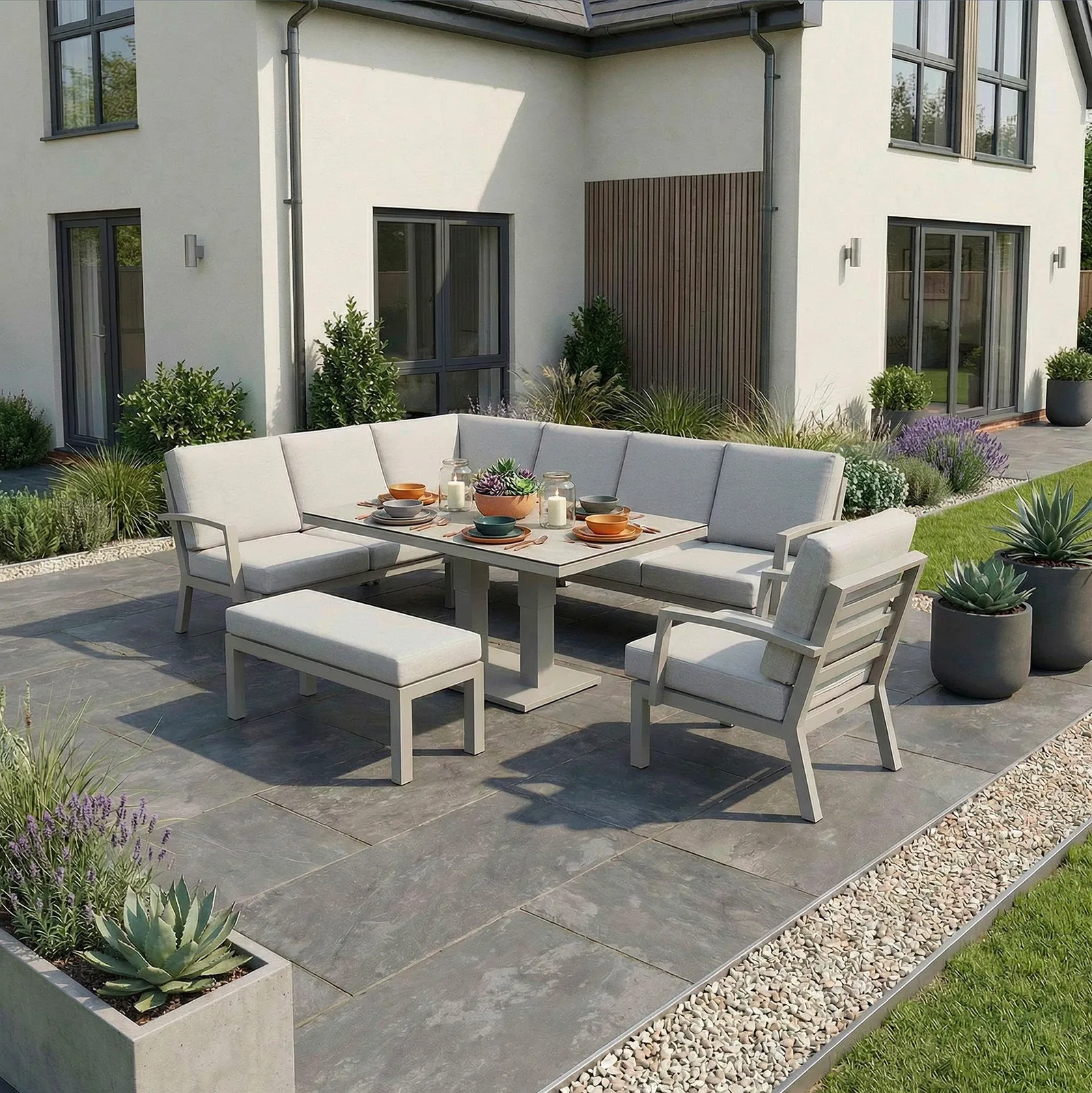Bracken Outdoors Bracken Outdoors Miami Stone Aluminium Rectangular Corner Set with Adjustable Table Bench and Armchair