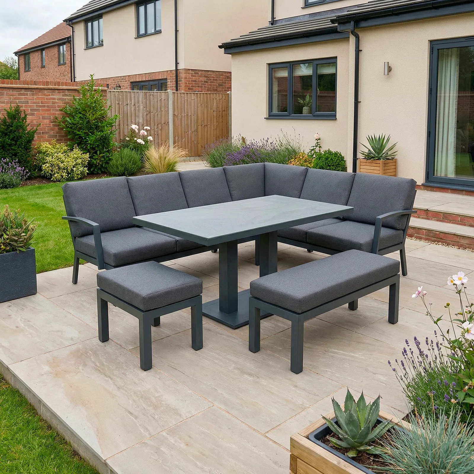 Bracken Outdoors Bracken Outdoors Miami Dark Aluminium Rectangular Corner Set with Adjustable Table, Bench and Stool — view 2 of 11