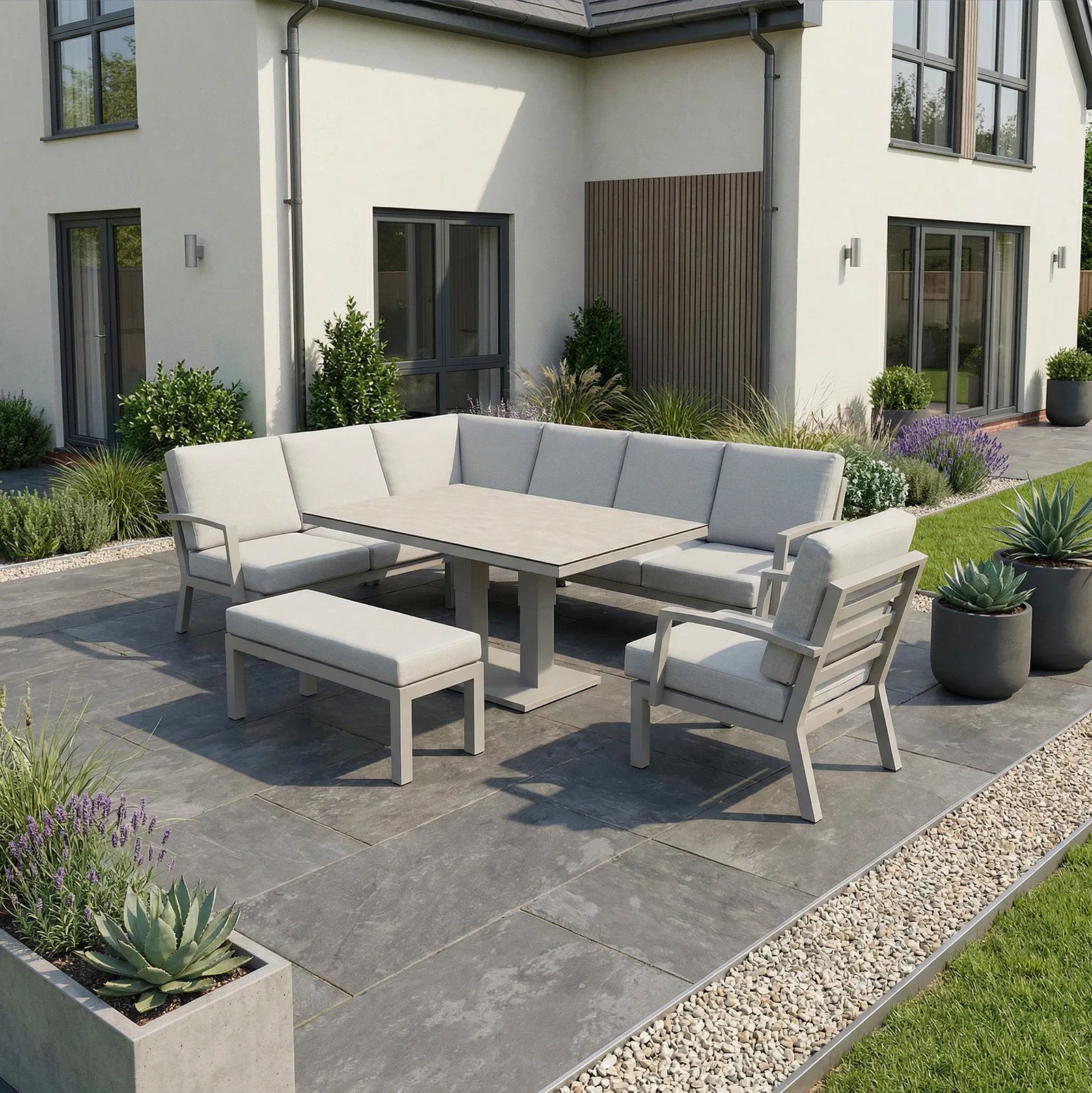 Bracken Outdoors Bracken Outdoors Miami Stone Aluminium Rectangular Corner Set with Adjustable Table Bench and Armchair — view 2 of 13