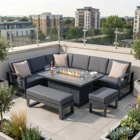 Bracken Outdoors Bracken Outdoors Portland Aluminium Corner Garden Furniture Set with Fire Pit Table