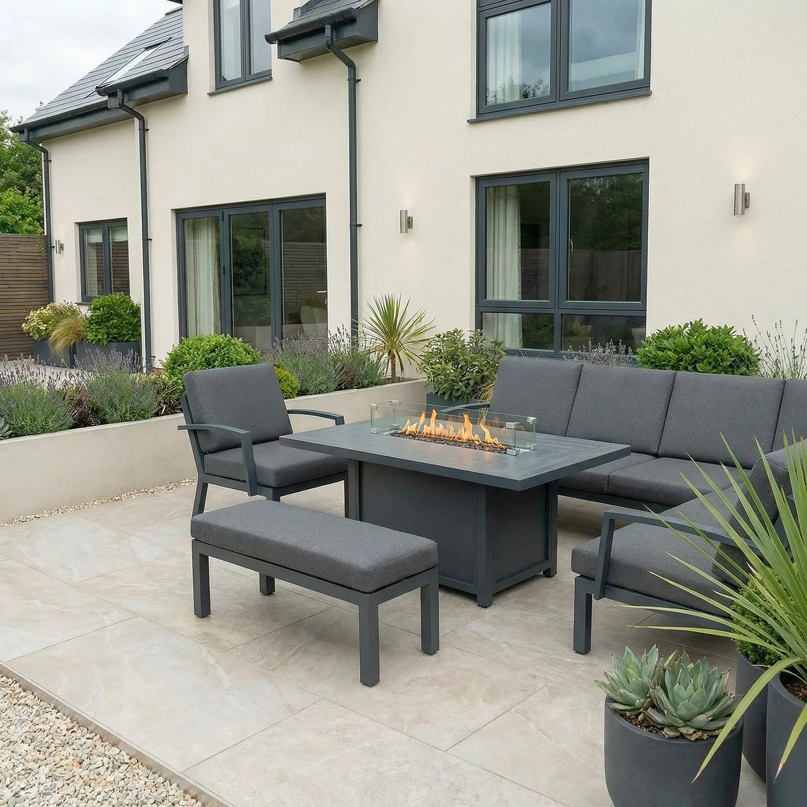 Bracken Outdoors Bracken Outdoors Miami Dark Aluminium Rectangular Corner Set with Firepit Table, Bench and Arm Chair — view 2 of 7