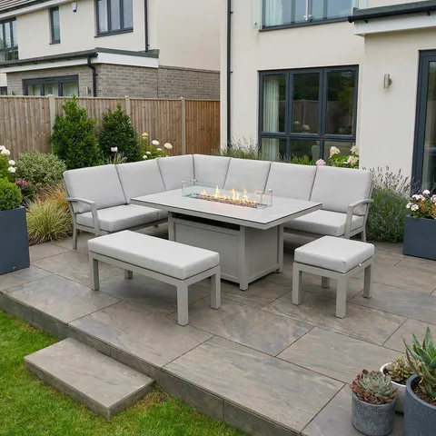 Bracken Outdoors Bracken Outdoors Miami Stone Aluminium Rectangular Corner Set with Firepit Table, Bench & Stool