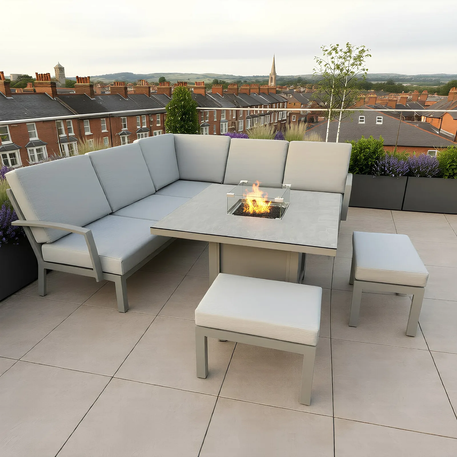 Bracken Outdoors Bracken Outdoors Miami Stone Aluminium Compact Corner Set with Gas Fire Pit Table & Stools — view 2 of 7