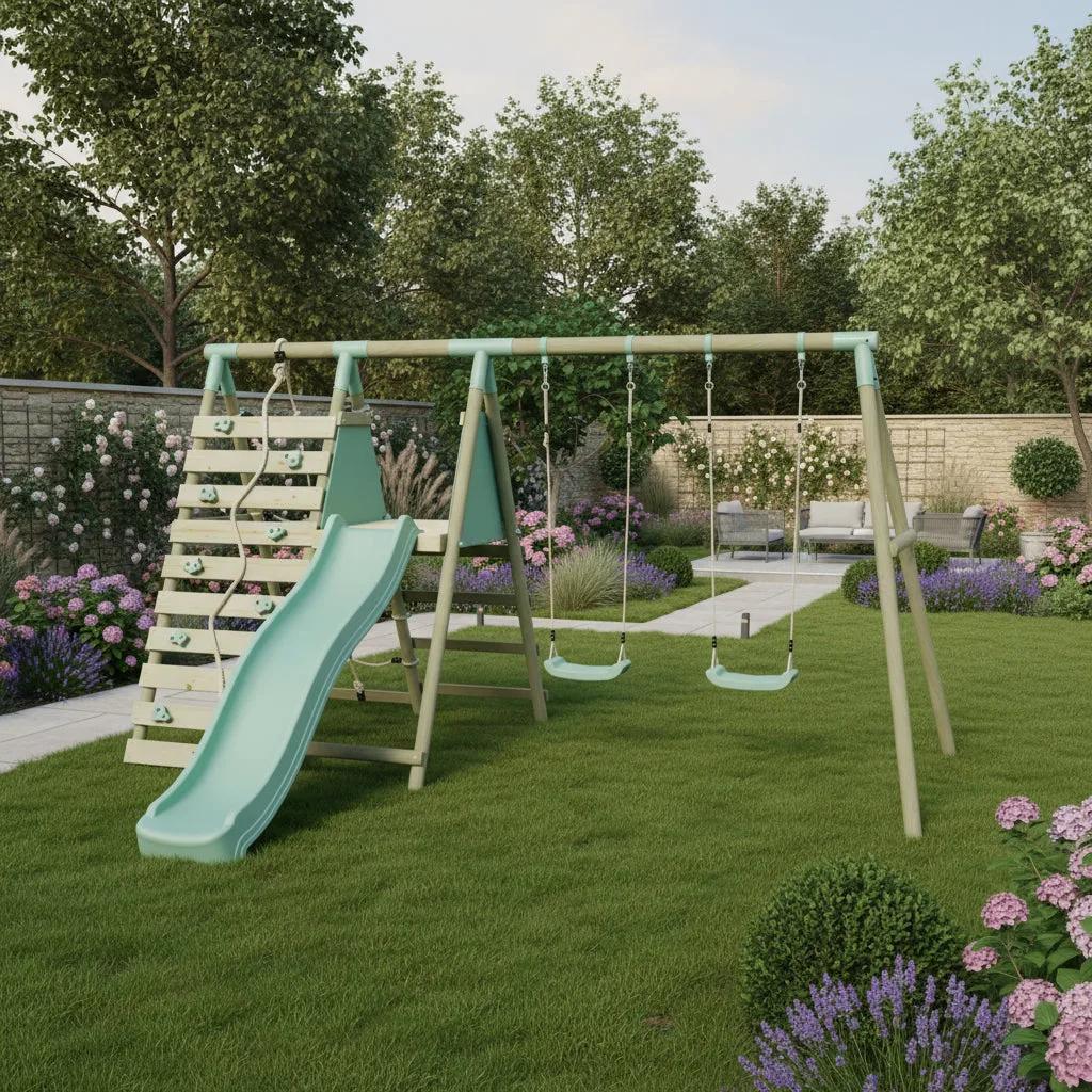 Mercia Garden Products Double Swing with Climbing Wall & Slide — view 2 of 10