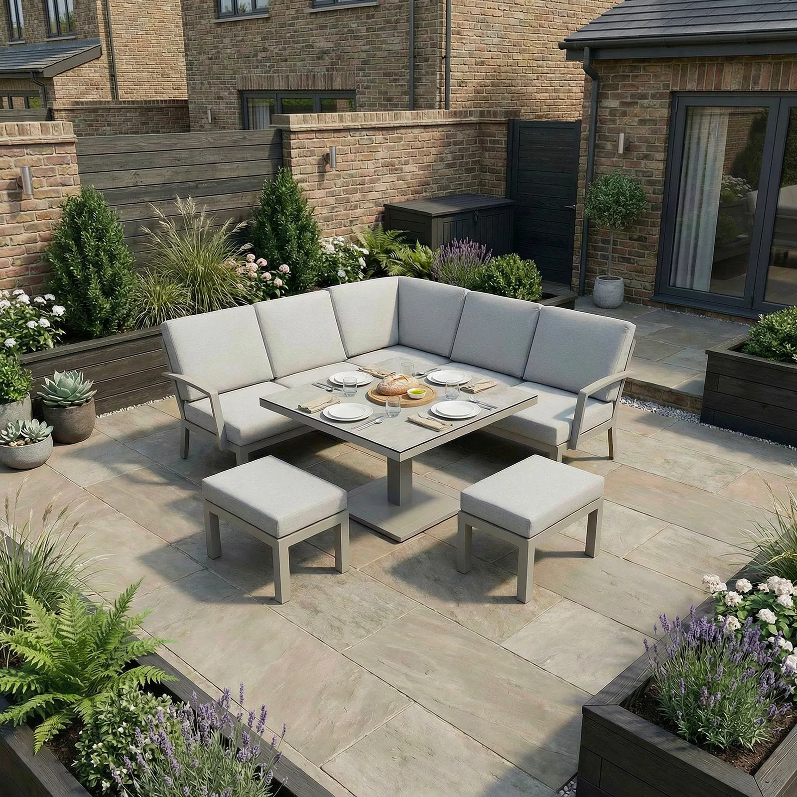 Bracken Outdoors Bracken Outdoors Miami Stone Aluminium Compact Corner Set with Adjustable Table & Stools
