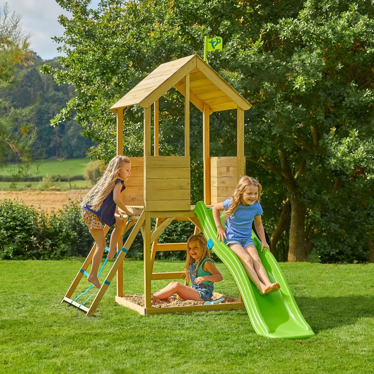 TP Toys Treehouse Wooden Play Tower, with Wavy Slide & Cargo Net - FSC® certified — view 2 of 3