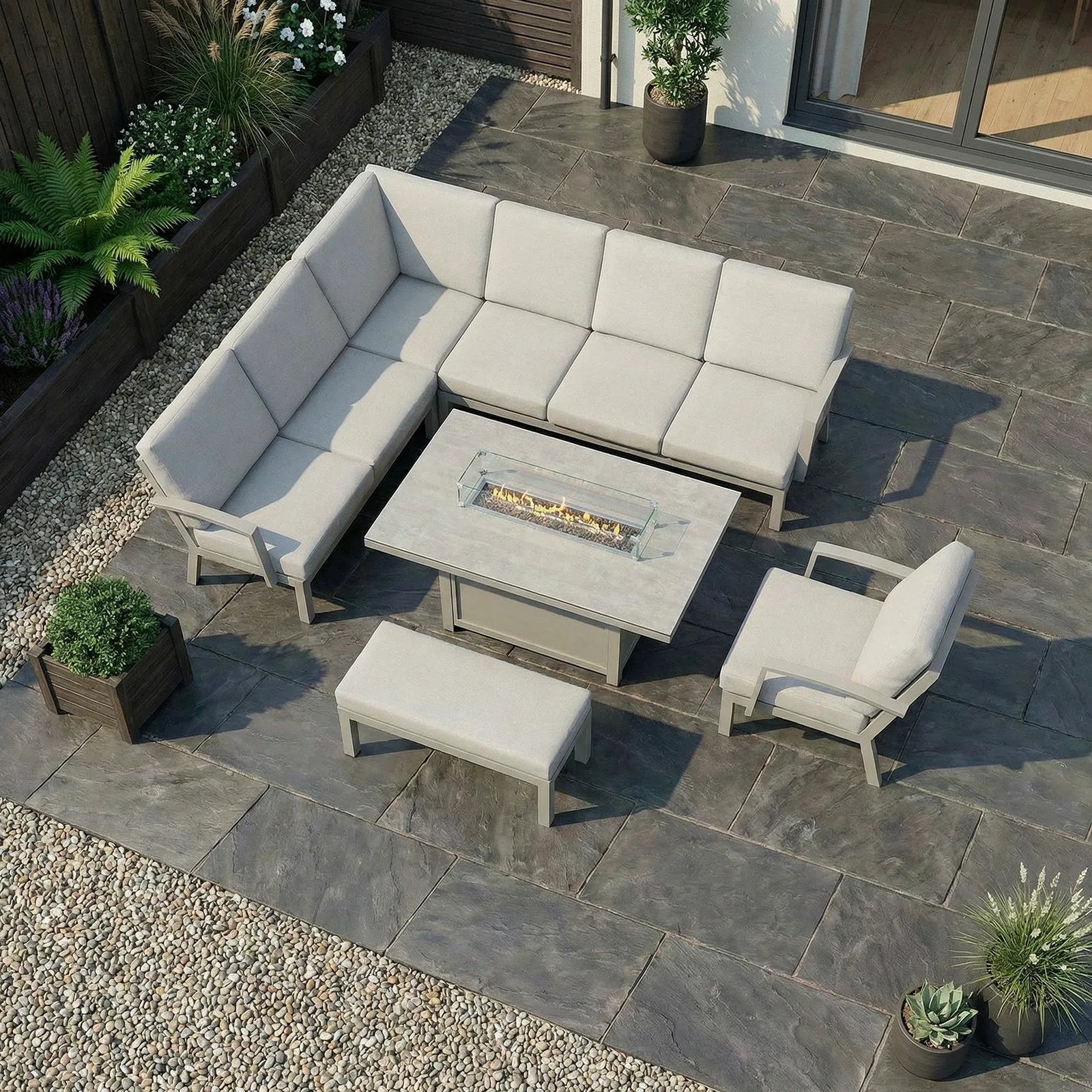 Bracken Outdoors Bracken Outdoors Miami Stone Aluminium Rectangular Corner Set with Firepit Table, Bench & Arm Chair — view 2 of 8
