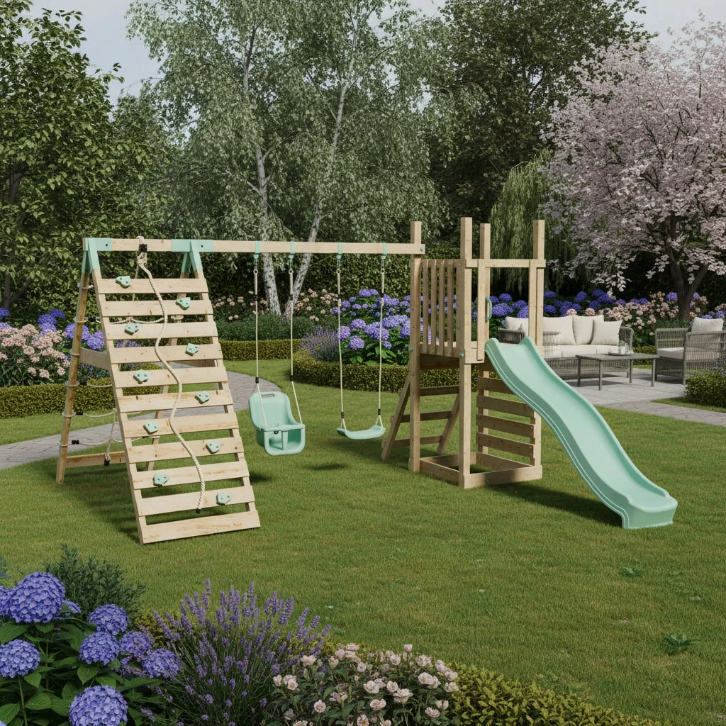Mercia Garden Products Climbing Frame with Slide, Swing, Baby Swing & Climbing Wall — view 2 of 11