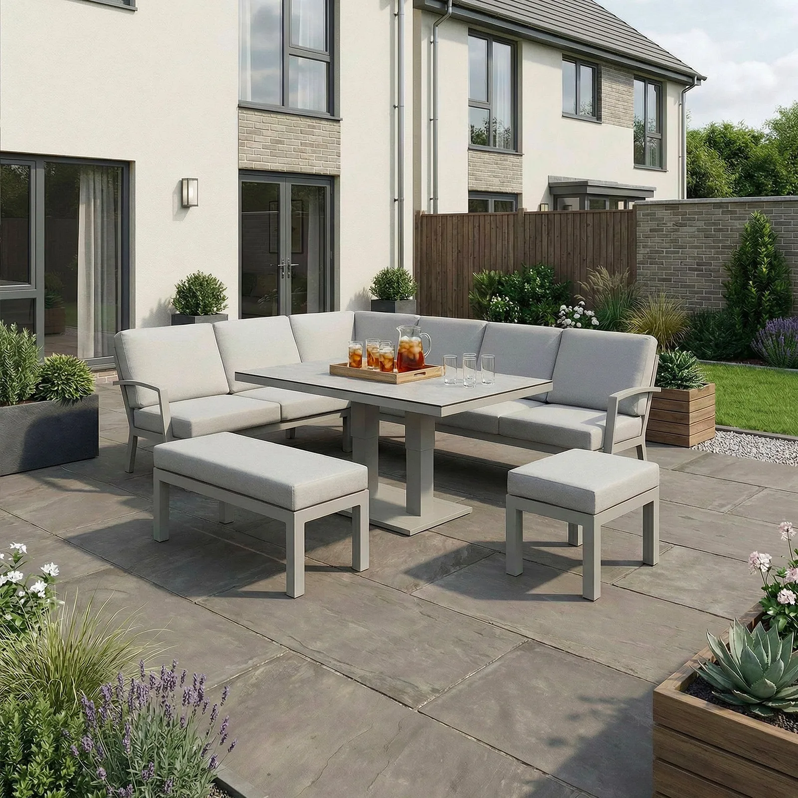 Bracken Outdoors Bracken Outdoors Miami Stone Aluminium Rectangular Corner Set with Adjustable Table, Bench & Stool