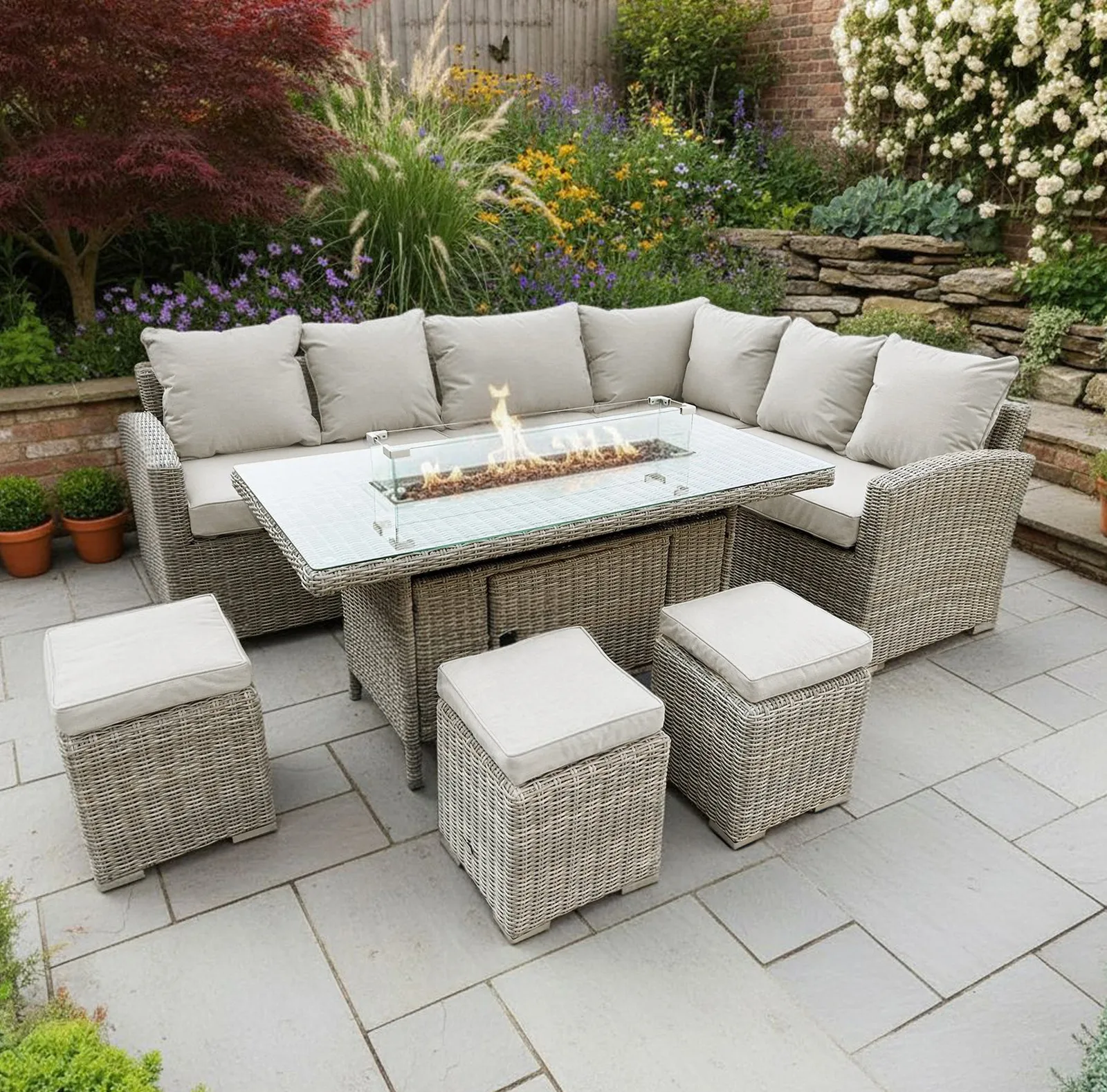 Bracken Outdoors Bracken Outdoors Richmond Rectangular Rattan Corner Sofa Garden Furniture Set with Fire Pit Table