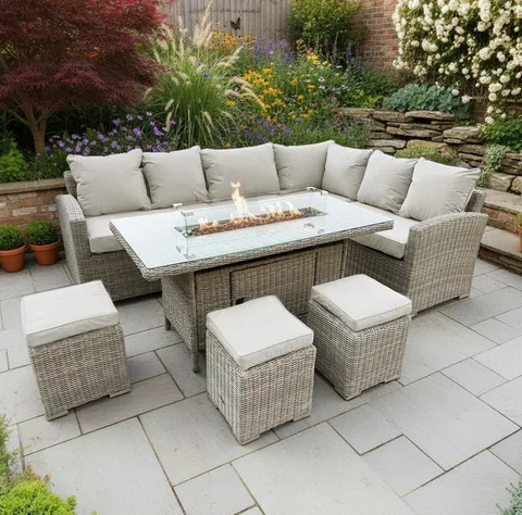 Bracken Outdoors Bracken Outdoors Richmond Rectangular Rattan Corner Sofa Garden Furniture Set with Fire Pit Table