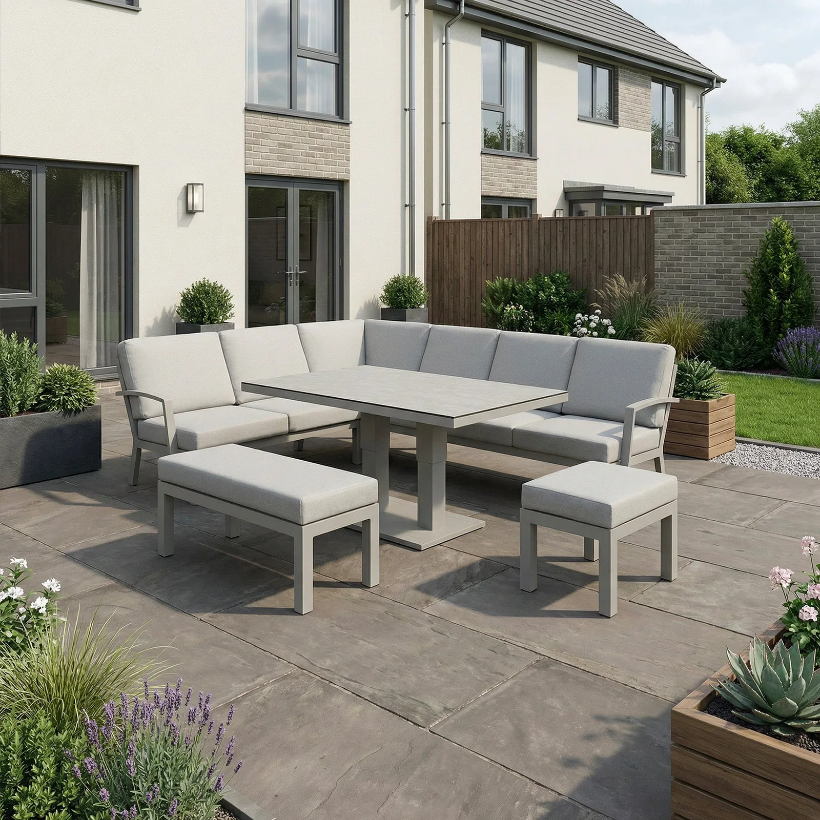 Bracken Outdoors Bracken Outdoors Miami Stone Aluminium Rectangular Corner Set with Adjustable Table, Bench & Stool — view 2 of 9