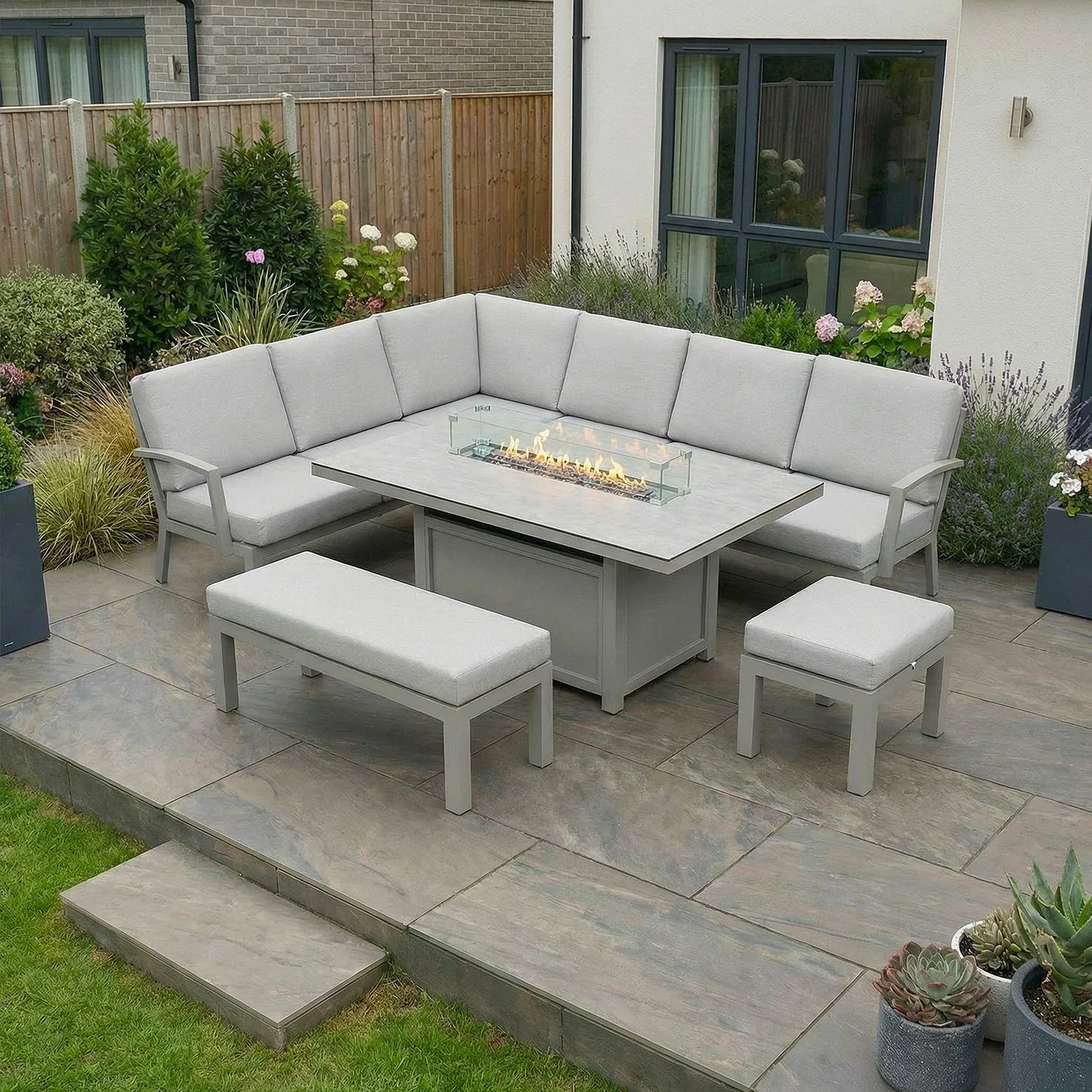 Bracken Outdoors Bracken Outdoors Miami Stone Aluminium Rectangular Corner Set with Firepit Table, Bench & Stool — view 2 of 9