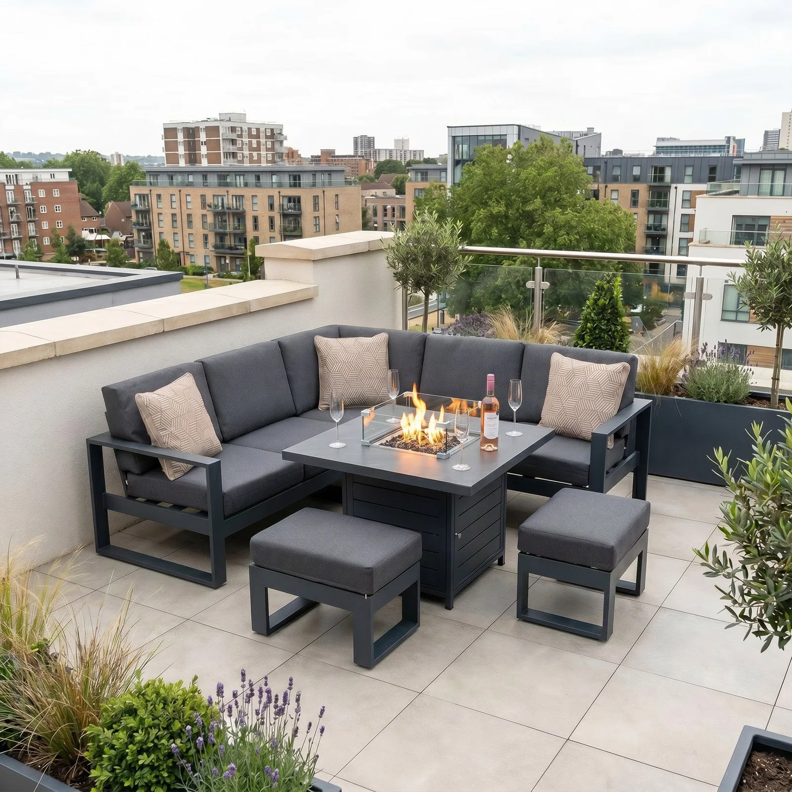 Bracken Outdoors Bracken Outdoors Portland Aluminium Compact Corner Garden Furniture Set with Fire Pit Table